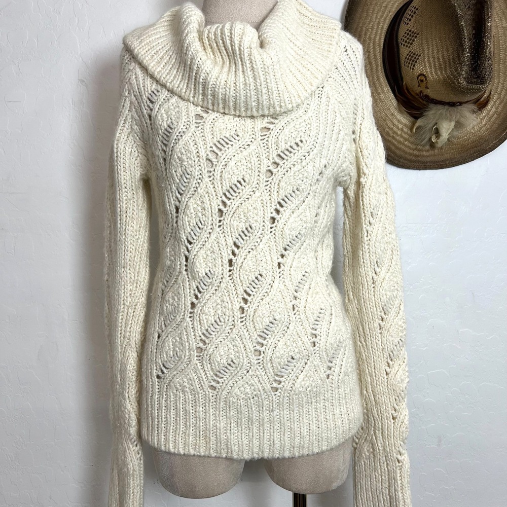Y2K Bebe Alpaca Wool Metallic Shimmer Cowl Neck Sweater L Chunky Cable Knit US